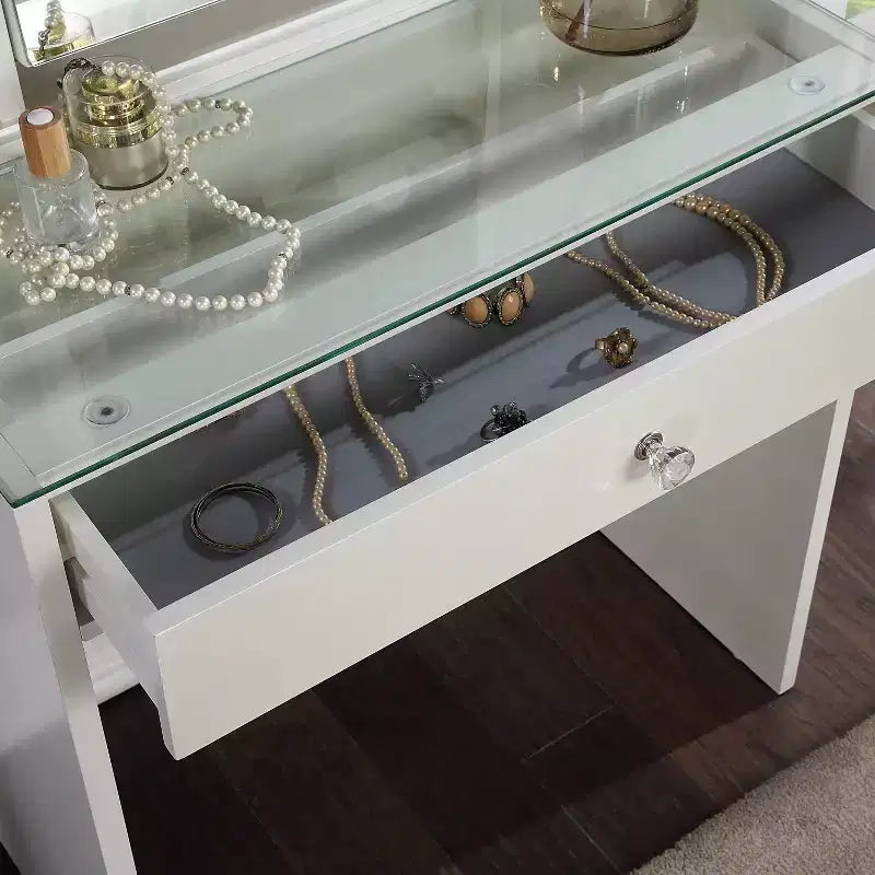 Coiffeuse Frosthaven avec miroir réglable, ensemble blanc lumineux, pour boutique 24h/24 et 7j/7, avec LED intégrées, design moderne, 1 tiroir de rangement