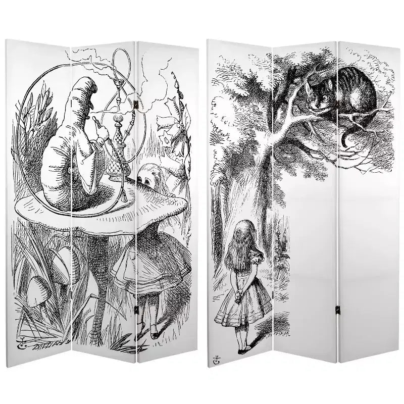 71" Double Sided Alice in Wonderland Canvas Room Divider White - Oriental Furniture: Adjustable Folding Partition