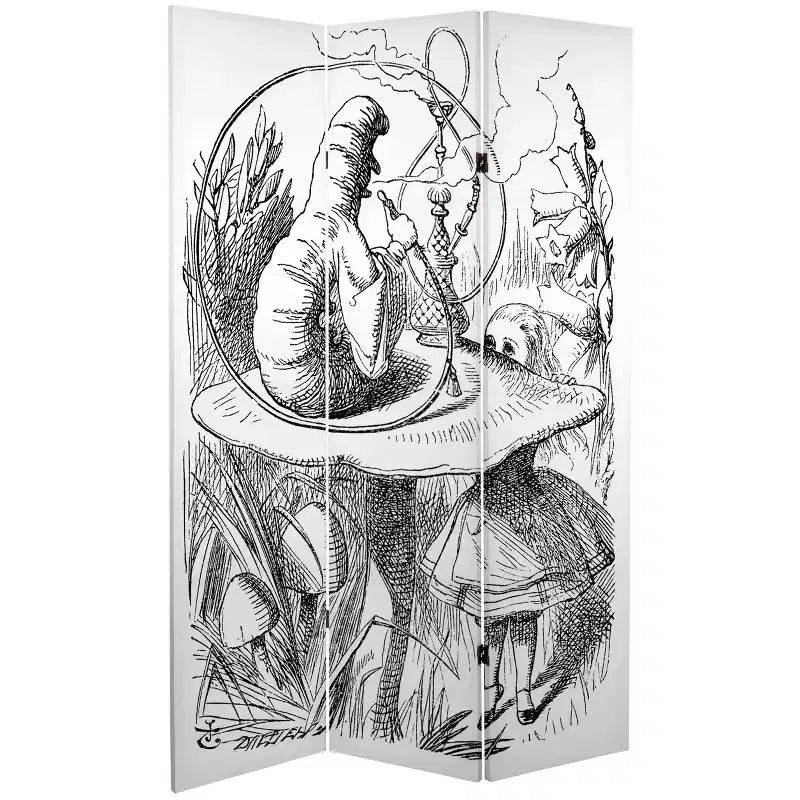 Séparateur de pièce en toile double face Alice au pays des merveilles de 71 po (blanc) - Oriental Furniture : Paravent pliable et ajustable