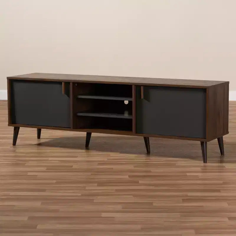 Meuble télé Samuel pour téléviseurs jusqu'à 55", en bois composite noyer/gris foncé - Baxton Studio