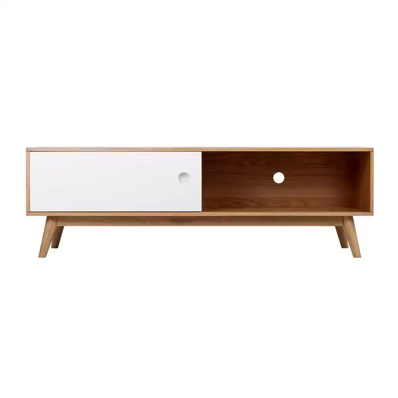 Meuble TV Abacus pour téléviseurs jusqu'à 67" chêne/blanc - Universal Expert : Buffet avec gestion des câbles