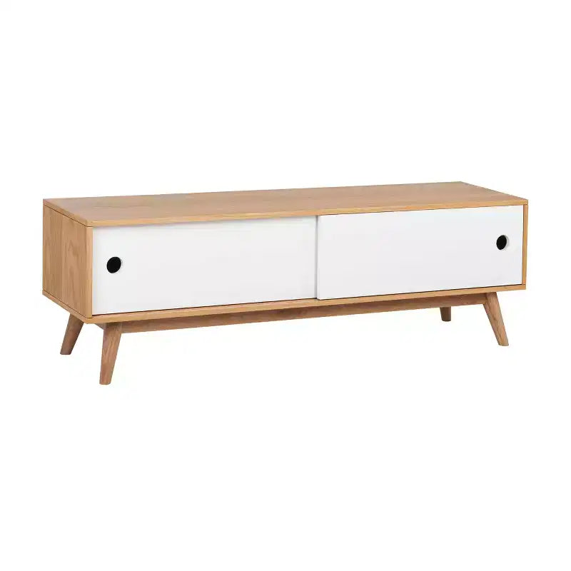Meuble TV Abacus pour téléviseurs jusqu'à 67" chêne/blanc - Universal Expert : Buffet avec gestion des câbles