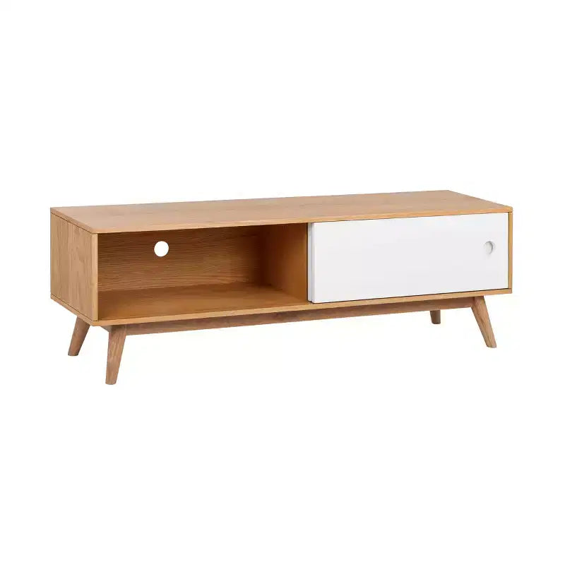 Meuble TV Abacus pour téléviseurs jusqu'à 67" chêne/blanc - Universal Expert : Buffet avec gestion des câbles