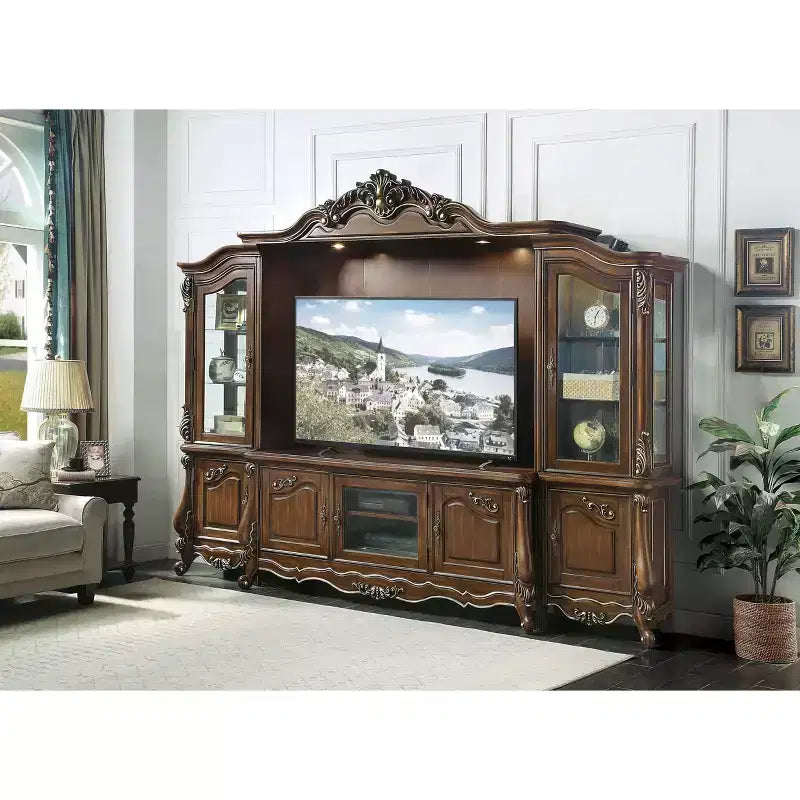 Meuble TV 121" Latisha Centres de divertissement chêne antique - Acme Furniture : cadre en bois, verre trempé, étagères fixes