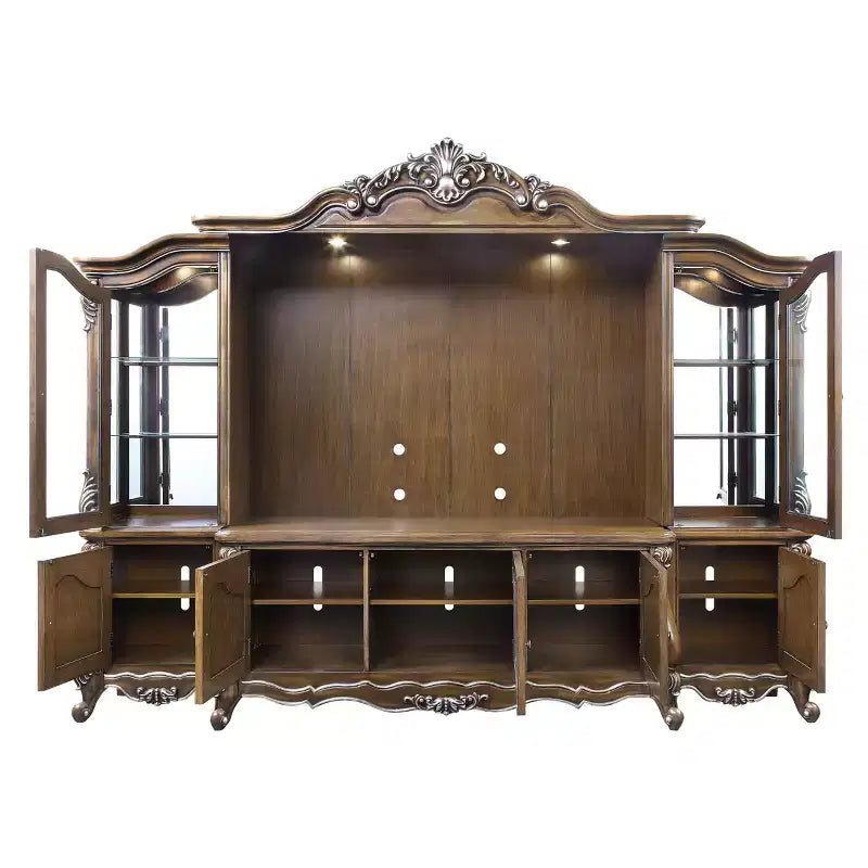 Meuble TV 121" Latisha Centres de divertissement chêne antique - Acme Furniture : cadre en bois, verre trempé, étagères fixes