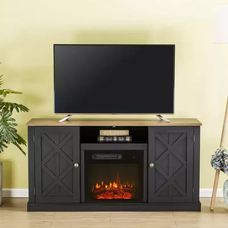 Meuble TV et cheminée électrique pour téléviseurs jusqu'à 60 po Gris - Essentiels pour la maison : Composite de bois MDF, Quincaillerie en nickel
