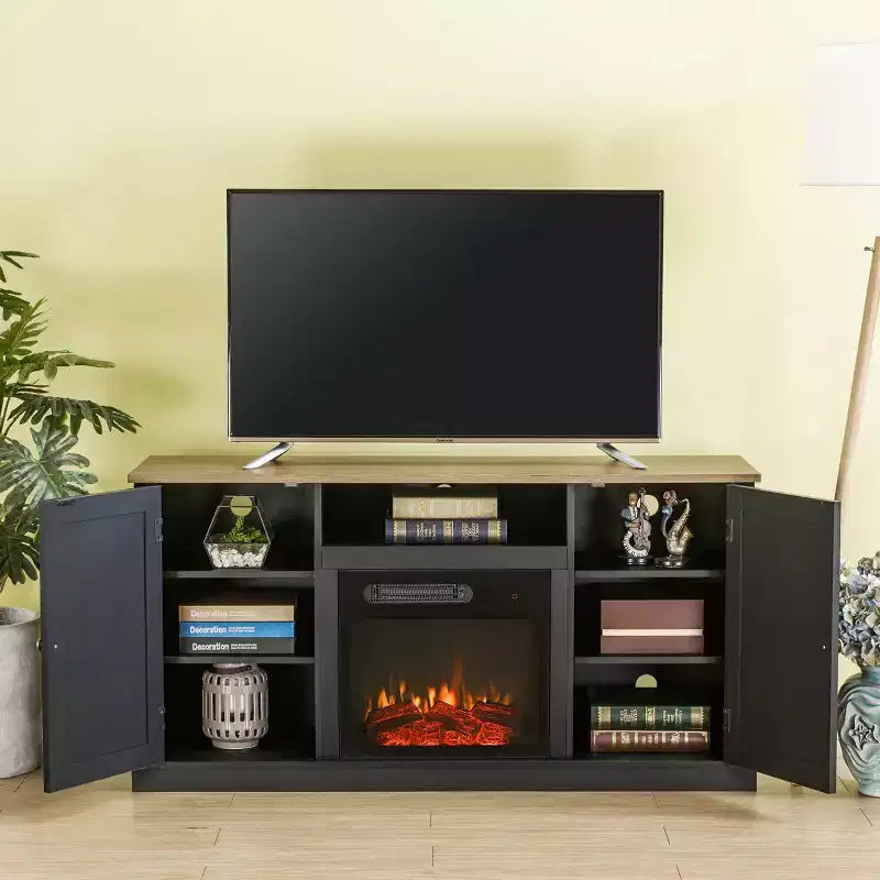 Meuble TV et cheminée électrique pour téléviseurs jusqu'à 60 po Gris - Essentiels pour la maison : Composite de bois MDF, Quincaillerie en nickel