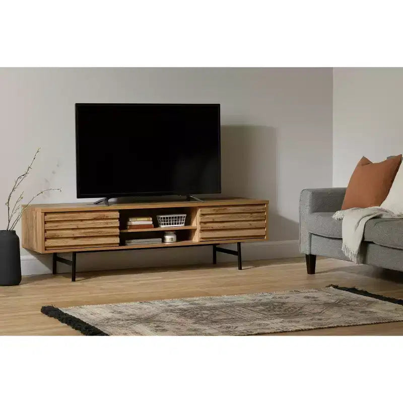 Meuble télé Mezzy de South Shore pour téléviseurs jusqu'à 75", chêne nordique : console média moderne avec rangement, panneaux de particules stratifiés