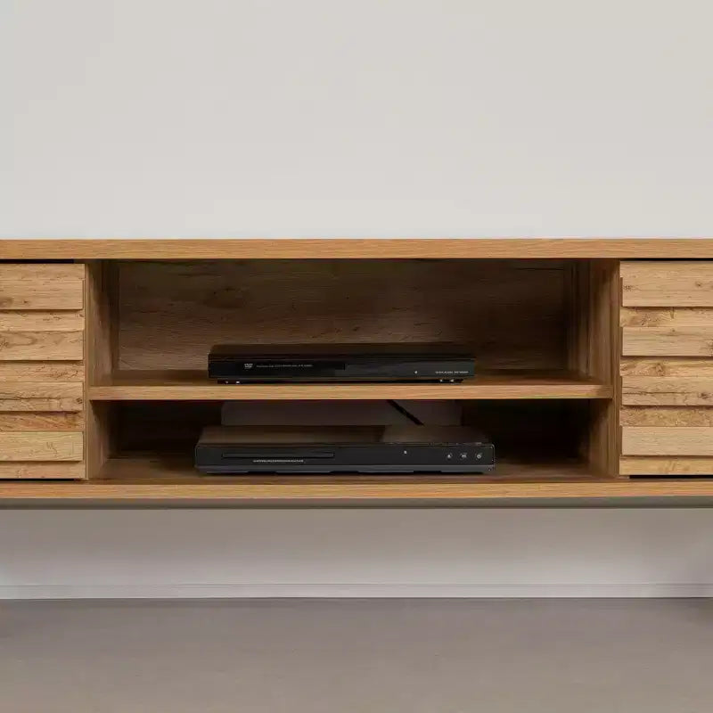 Meuble télé Mezzy de South Shore pour téléviseurs jusqu'à 75", chêne nordique : console média moderne avec rangement, panneaux de particules stratifiés
