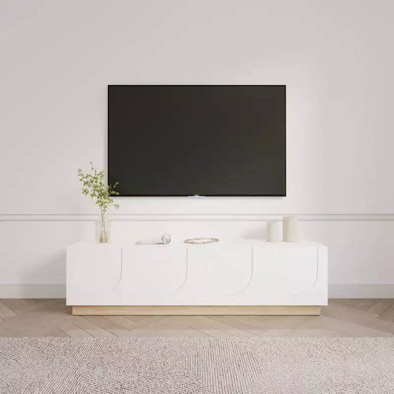 Meuble TV Nexera Nauraa pour téléviseurs jusqu'à 80", Blanc : Console moderne avec étagères réglables et gestion des câbles