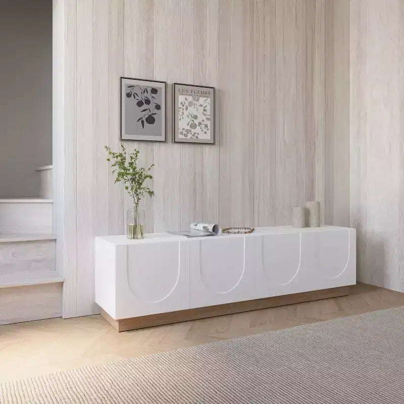 Meuble TV Nexera Nauraa pour téléviseurs jusqu'à 80", Blanc : Console moderne avec étagères réglables et gestion des câbles