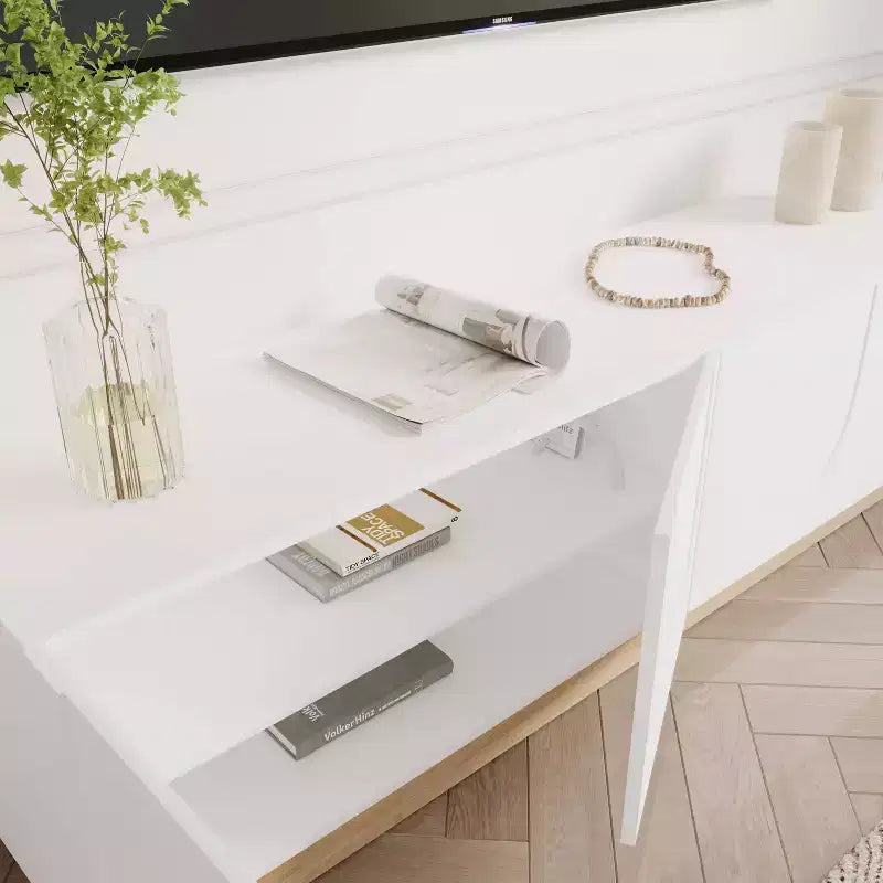 Meuble TV Nexera Nauraa pour téléviseurs jusqu'à 80", Blanc : Console moderne avec étagères réglables et gestion des câbles