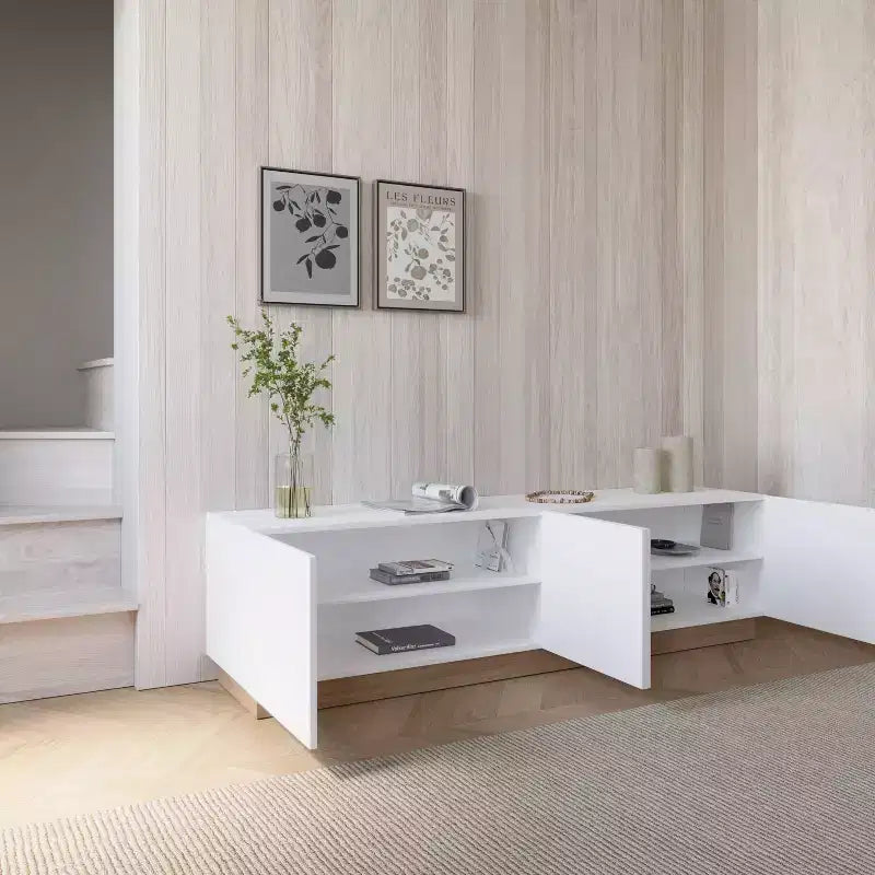 Meuble TV Nexera Nauraa pour téléviseurs jusqu'à 80", Blanc : Console moderne avec étagères réglables et gestion des câbles