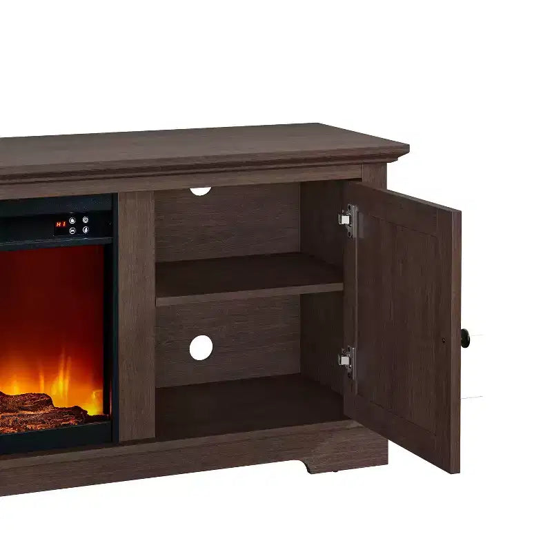 Meuble TV de ferme de 78 po pour téléviseurs jusqu'à 80 po avec foyer électrique brun - Festivo : Console multimédia, Rangement en MDF