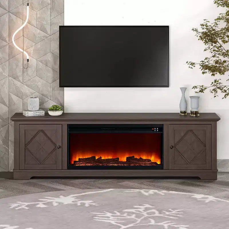 Meuble TV de ferme de 78 po pour téléviseurs jusqu'à 80 po avec foyer électrique brun - Festivo : Console multimédia, Rangement en MDF