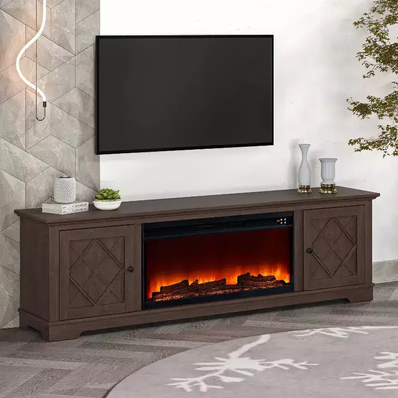 Meuble TV de ferme de 78 po pour téléviseurs jusqu'à 80 po avec foyer électrique brun - Festivo : Console multimédia, Rangement en MDF