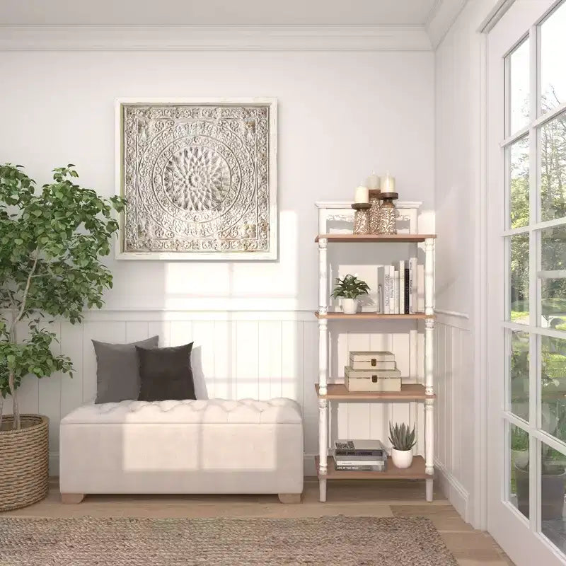 Étagère en pin style ferme blanche - Olivia & May : Bibliothèque à 4 niveaux, Organisateur de rangement haut