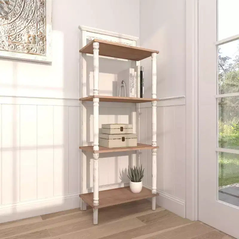 Étagère en pin style ferme blanche - Olivia & May : Bibliothèque à 4 niveaux, Organisateur de rangement haut