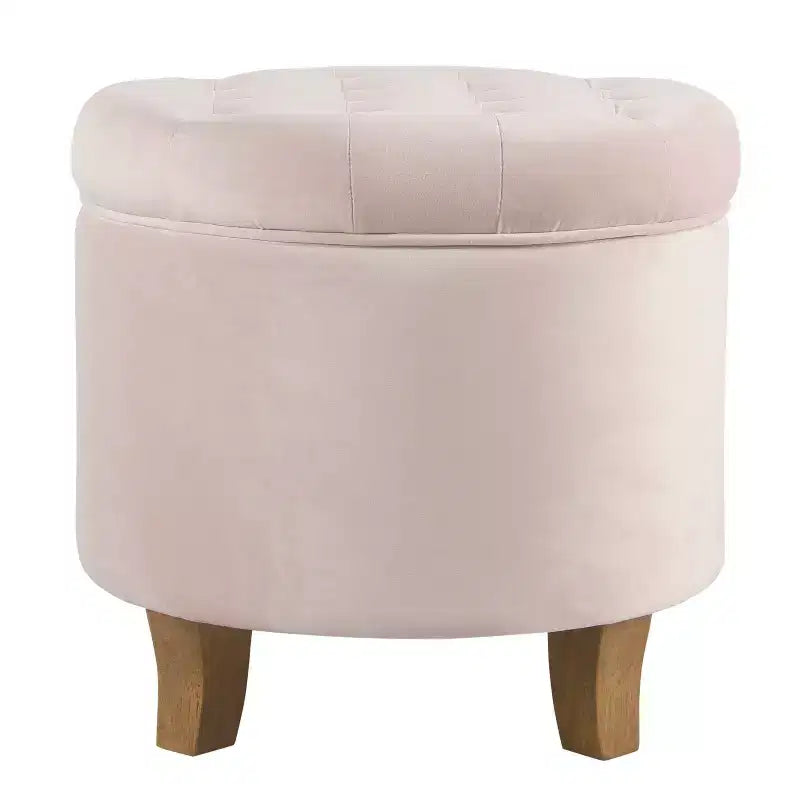 HomePop Velvet Tufted Round Storage Ottoman Pink Blush: Upholstered Footstool, Padded with Unhinged Lid