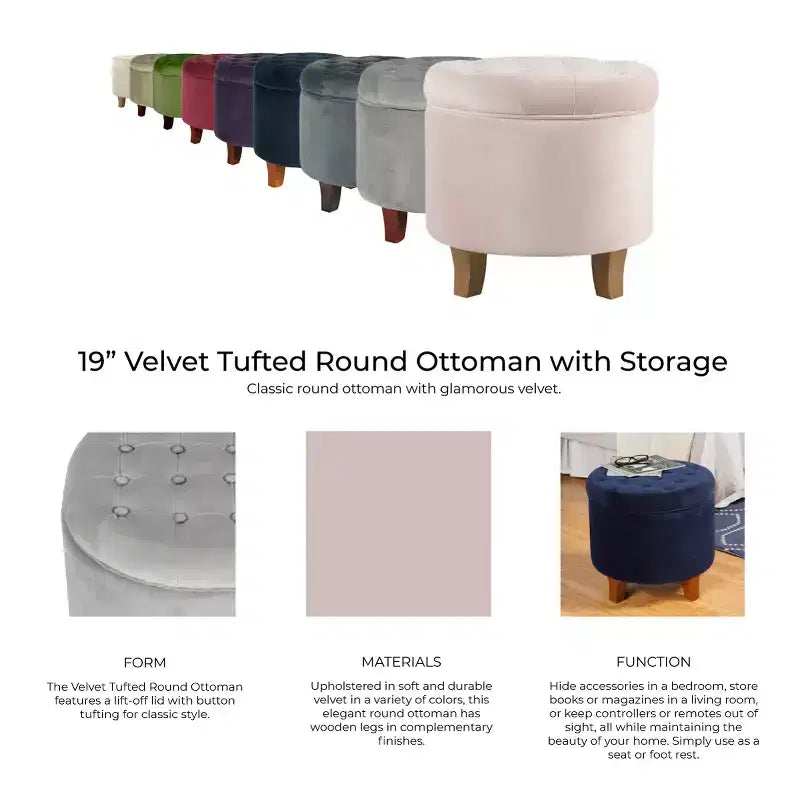 Pouffe de rangement rond capitonné en velours HomePop Rose fard à joues : repose-pieds rembourré, avec couvercle non articulé