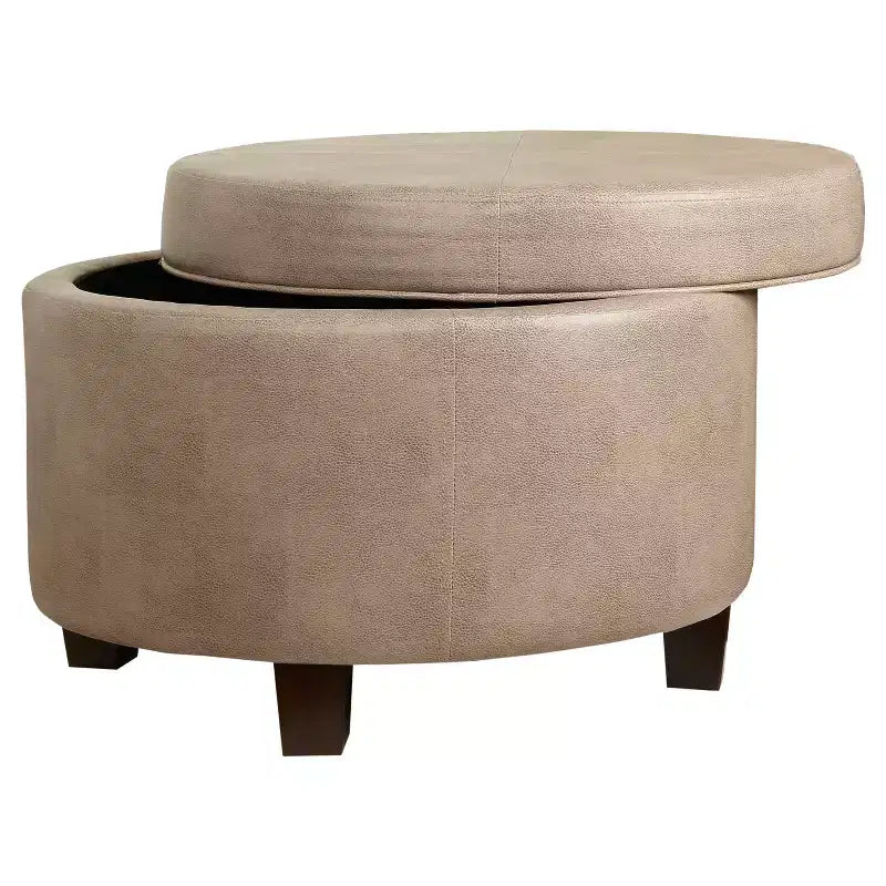 Pouffe de rangement rond en similicuir taupe - HomePop