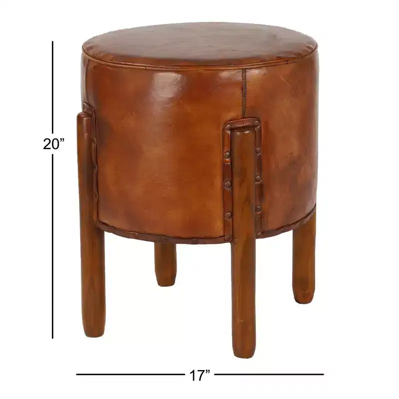 Tabouret en cuir traditionnel marron - Olivia & May : Cadre rond en bois, aucun assemblage, nettoyer les taches.