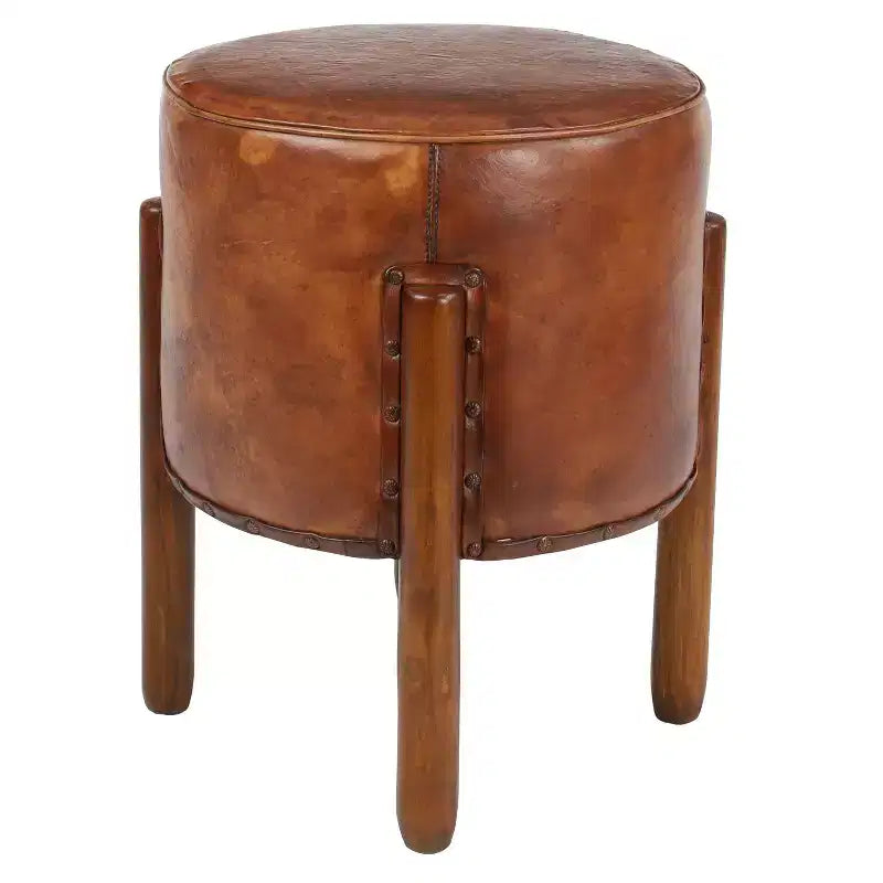 Tabouret en cuir traditionnel marron - Olivia & May : Cadre rond en bois, aucun assemblage, nettoyer les taches.