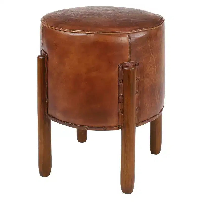 Tabouret en cuir traditionnel marron - Olivia & May : Cadre rond en bois, aucun assemblage, nettoyer les taches.