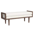 Banc HomePop en bouclette rembourré avec base en bois crème : finition noyer mi-clair, forme rectangulaire, revêtement en polyester