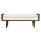 Banc HomePop en bouclette rembourré avec base en bois crème : finition noyer mi-clair, forme rectangulaire, revêtement en polyester