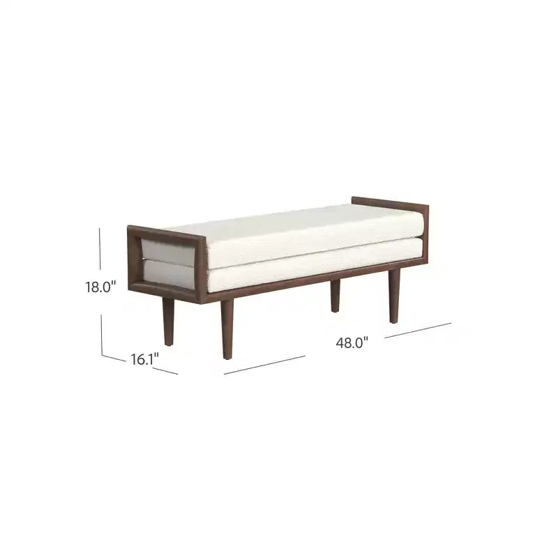 Banc HomePop en bouclette rembourré avec base en bois crème : finition noyer mi-clair, forme rectangulaire, revêtement en polyester