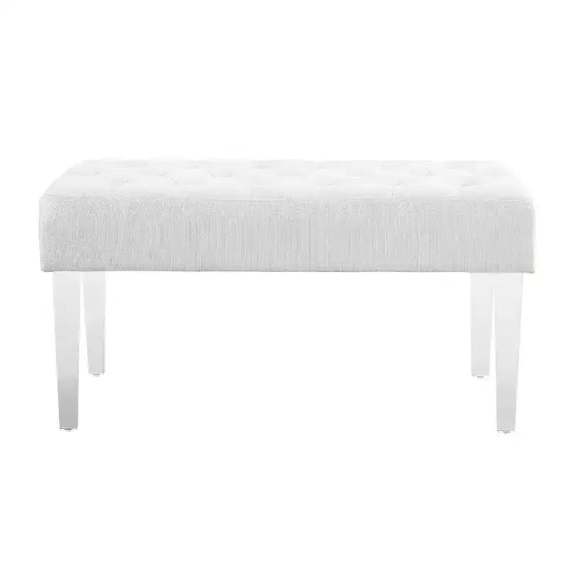 Banc rembourré en lin touffeté Ella Glam 89 cm avec pieds en acrylique argentés - Linon : Pouf moelleux, Siège de chambre à coucher