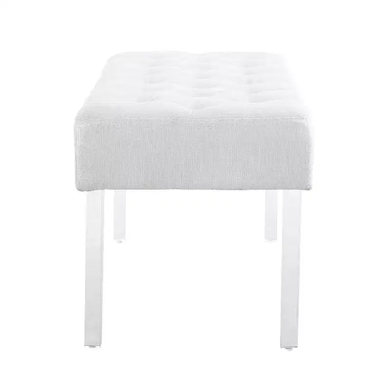 Banc rembourré en lin touffeté Ella Glam 89 cm avec pieds en acrylique argentés - Linon : Pouf moelleux, Siège de chambre à coucher