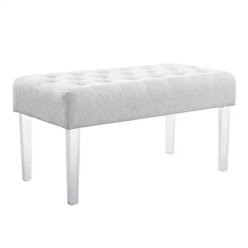 Banc rembourré en lin touffeté Ella Glam 89 cm avec pieds en acrylique argentés - Linon : Pouf moelleux, Siège de chambre à coucher