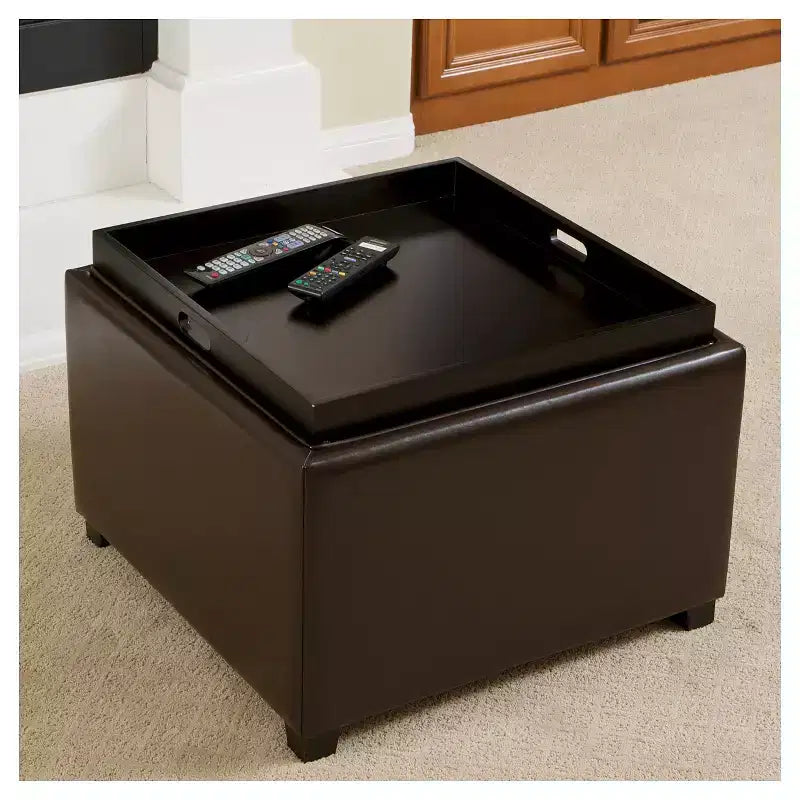 Wellington, pouf de rangement marron en cuir avec plateau - Christopher Knight Home : Repose-pieds, cadre en bois dur