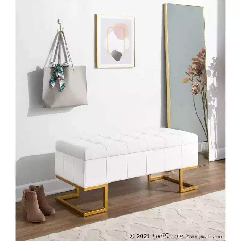 LumiSource 41" Midas Glam Storage Bench Steel/Velvet Gold/White: Upholstered Ottoman with Lift-Top, Tufted Design