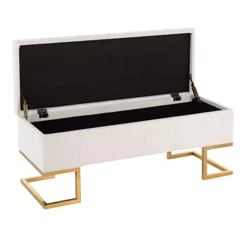 Banc de rangement LumiSource Midas Glam 104 cm Acier/Velours Doré/Blanc : Ottoman rembourré avec couvercle relevable, design capitonné