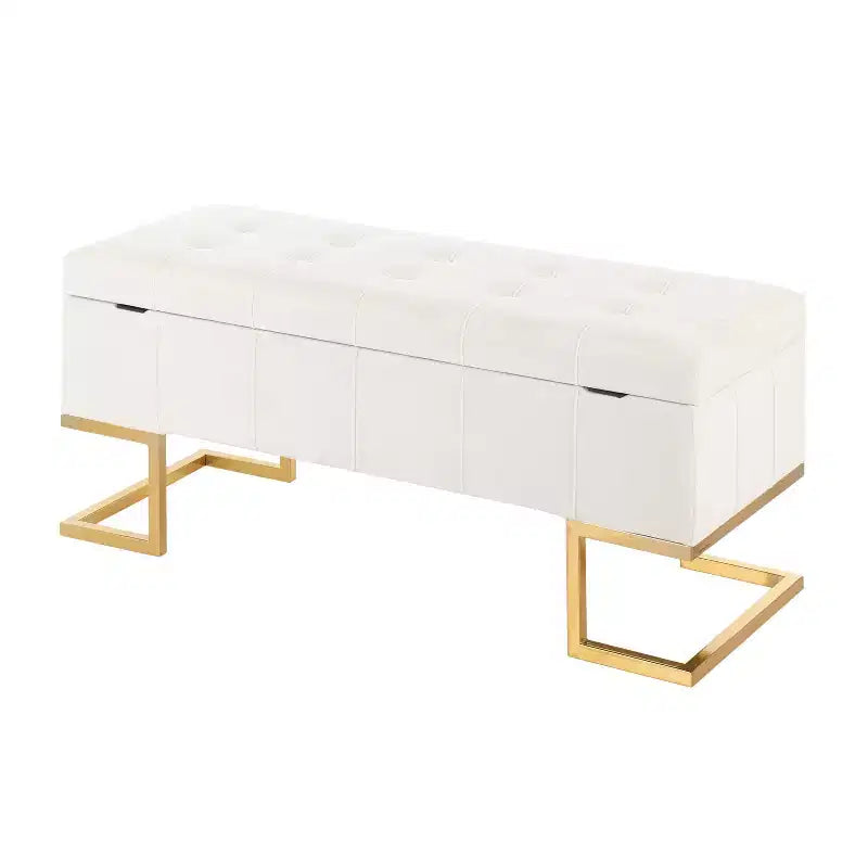 Banc de rangement LumiSource Midas Glam 104 cm Acier/Velours Doré/Blanc : Ottoman rembourré avec couvercle relevable, design capitonné