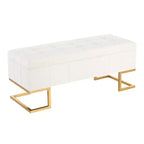 Banc de rangement LumiSource Midas Glam 104 cm Acier/Velours Doré/Blanc : Ottoman rembourré avec couvercle relevable, design capitonné