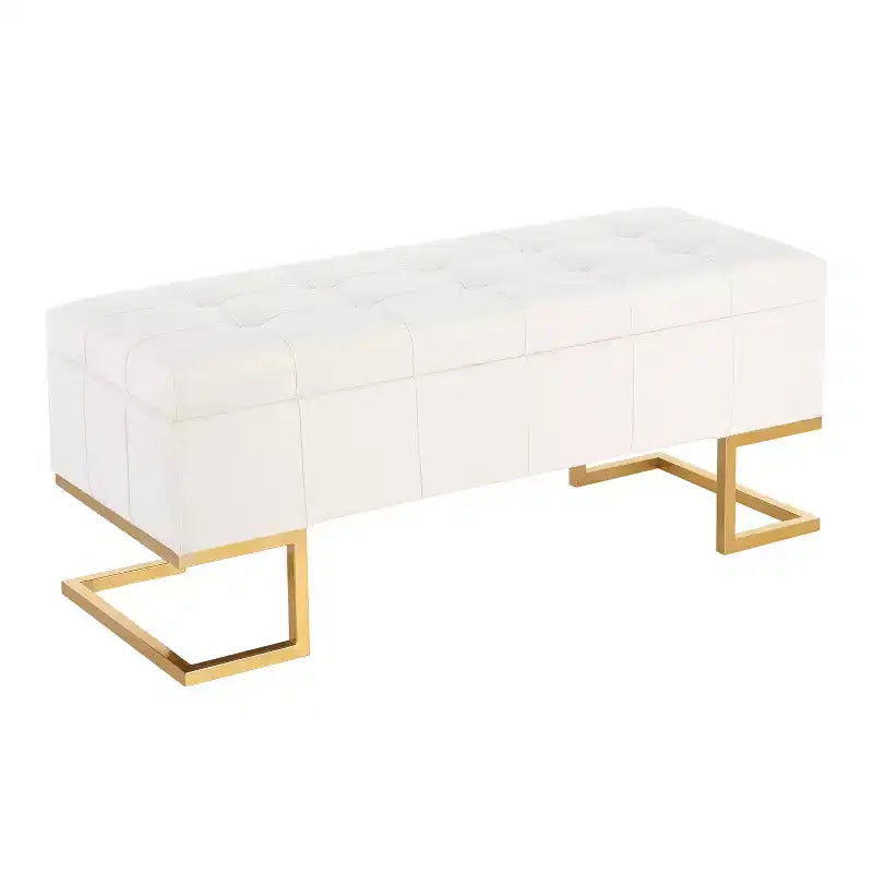 Banc de rangement LumiSource Midas Glam 104 cm Acier/Velours Doré/Blanc : Ottoman rembourré avec couvercle relevable, design capitonné