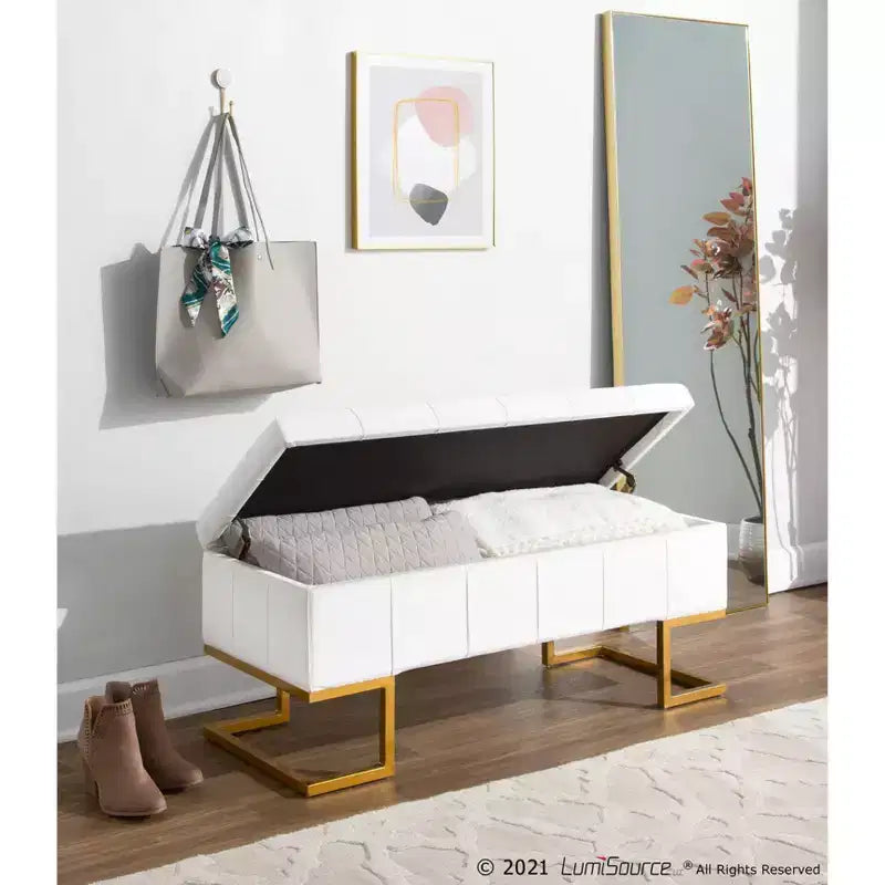 Banc de rangement LumiSource Midas Glam 104 cm Acier/Velours Doré/Blanc : Ottoman rembourré avec couvercle relevable, design capitonné