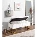 Banc de rangement LumiSource Midas Glam 104 cm Acier/Velours Doré/Blanc : Ottoman rembourré avec couvercle relevable, design capitonné