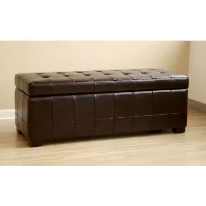 Banc de rangement ottoman en cuir pleine fleur avec capitons marron foncé - Baxton Studio