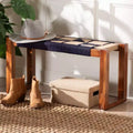 bali & pari Jerilyn Two Tone Seagrass and Acacia Wood Accent Bench Navy Blue/Brown/Natural Brown: Bohemian Style, No Assembly Required
