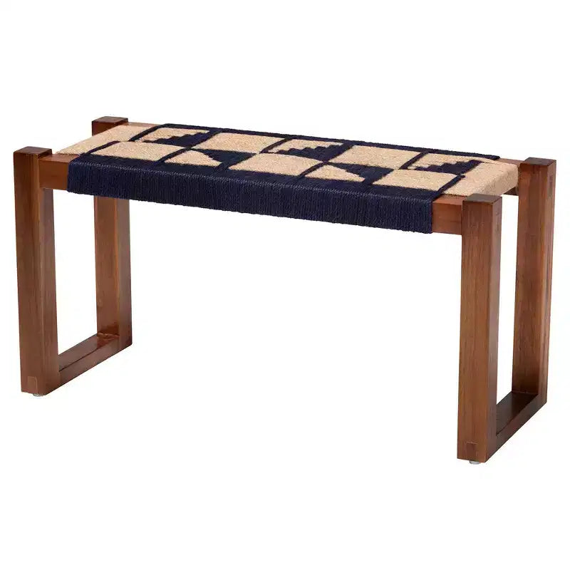 bali & pari Banc d'appoint Jerilyn bicolore en jonc de mer et bois d'acacia bleu marine/marron/marron naturel : style bohème, aucun assemblage requis