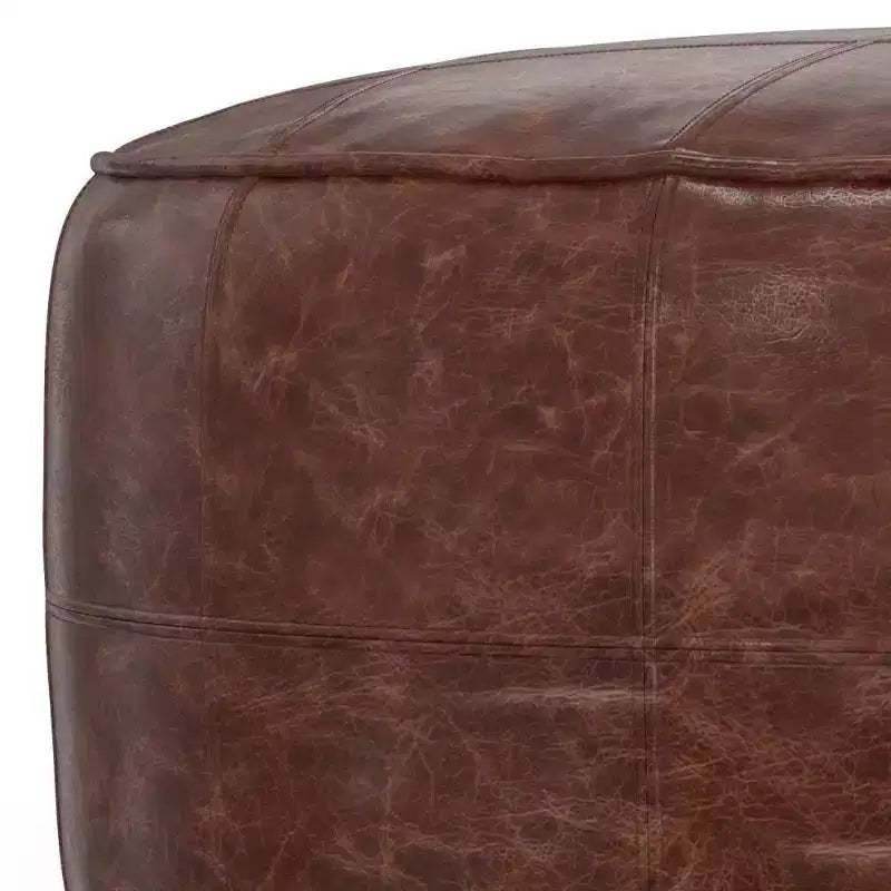 Pouf de table basse ronde Darian 34 po marron vieilli - WyndenHall : Cuir de buffle véritable, aucun assemblage requis