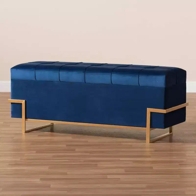 Parker Banc de rangement ottoman en velours et métal bleu/doré – Baxton Studio : Banc rectangulaire avec motif nœud