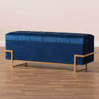 Parker Banc de rangement ottoman en velours et métal bleu/doré – Baxton Studio : Banc rectangulaire avec motif nœud