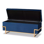 Parker Banc de rangement ottoman en velours et métal bleu/doré – Baxton Studio : Banc rectangulaire avec motif nœud