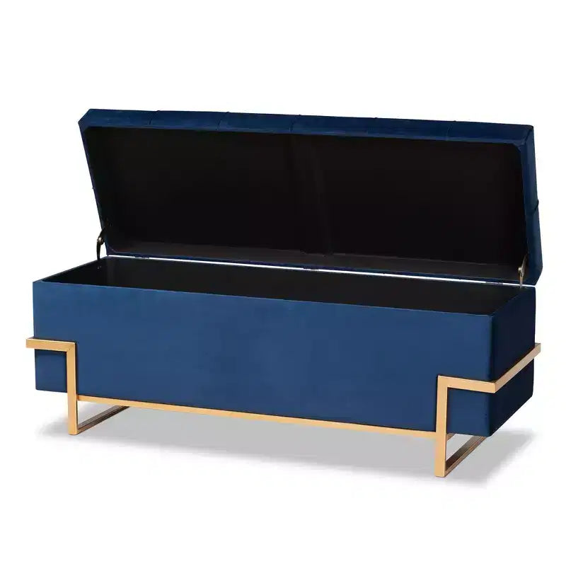Parker Banc de rangement ottoman en velours et métal bleu/doré – Baxton Studio : Banc rectangulaire avec motif nœud